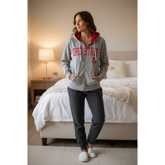 🌰 Ohio State OSU Zip Up Hoodie Red Gray M Buckeyes Varsity - Picture 3 of 12